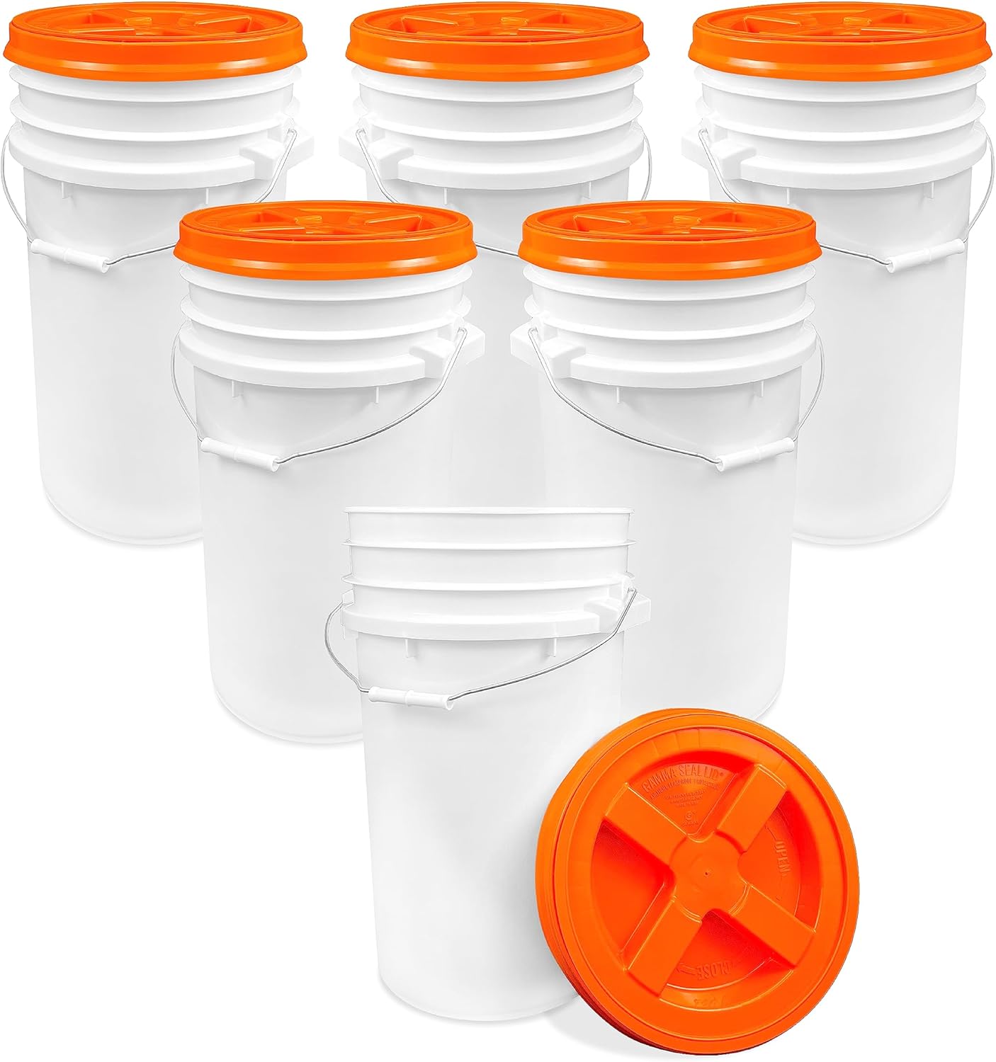 7 Gallon White Bucket with Orange Gamma Lid for Food Storage