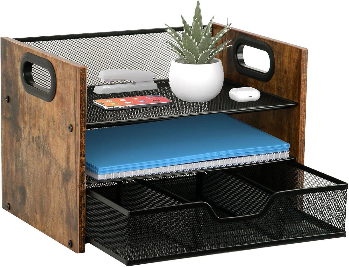 Wood Desk Organizer - 3-Tier Desktop File Organizer with Drawer