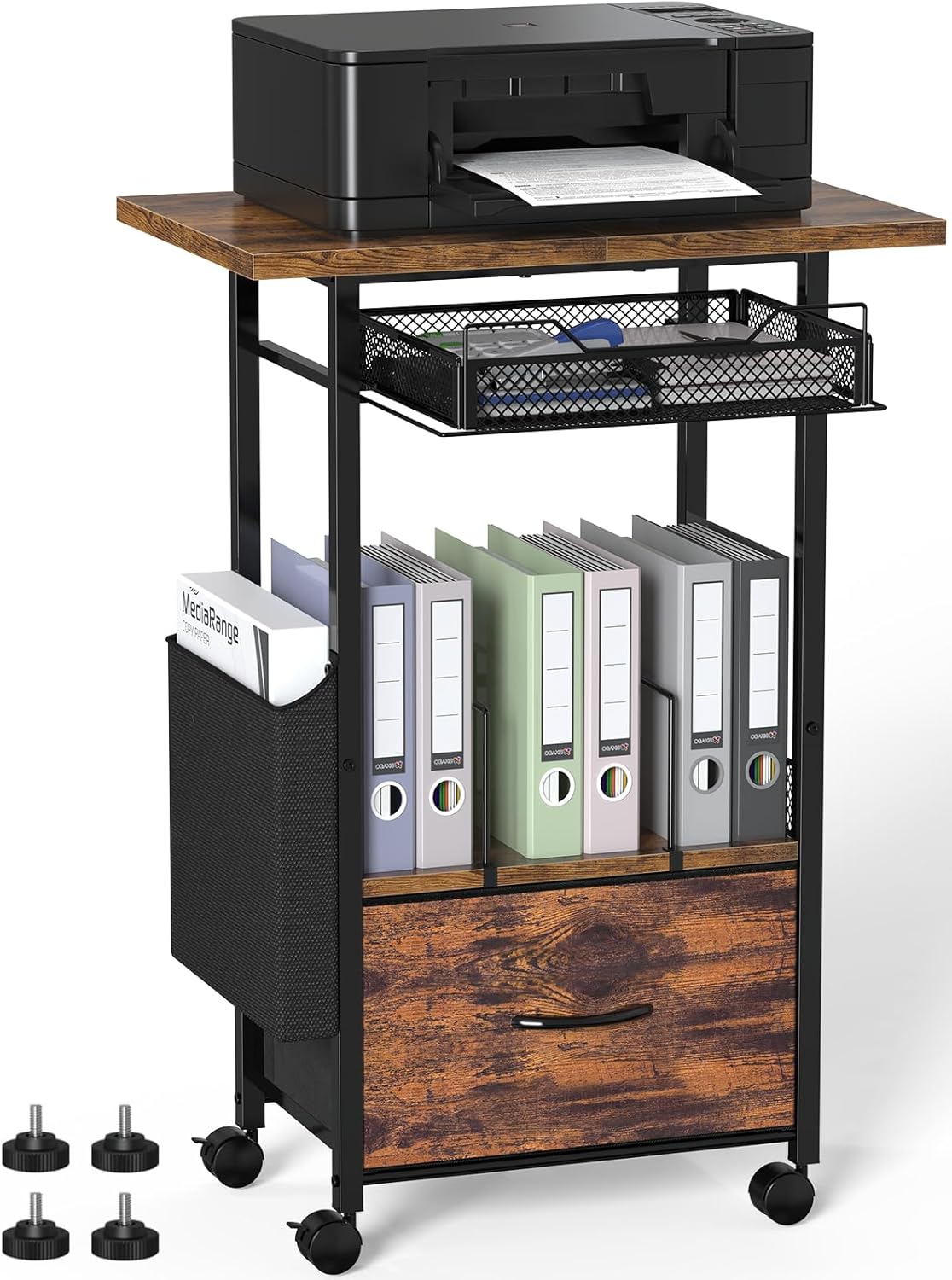 Mobile 3-Tier Printer Stand with 2-Drawer File Cabinet for Home