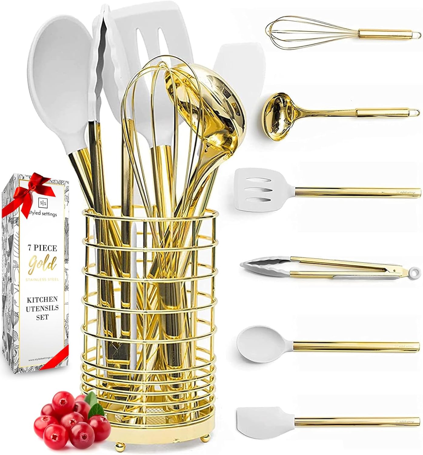 White Silicone and Gold Cooking Utensils Set for Modern Kitchens