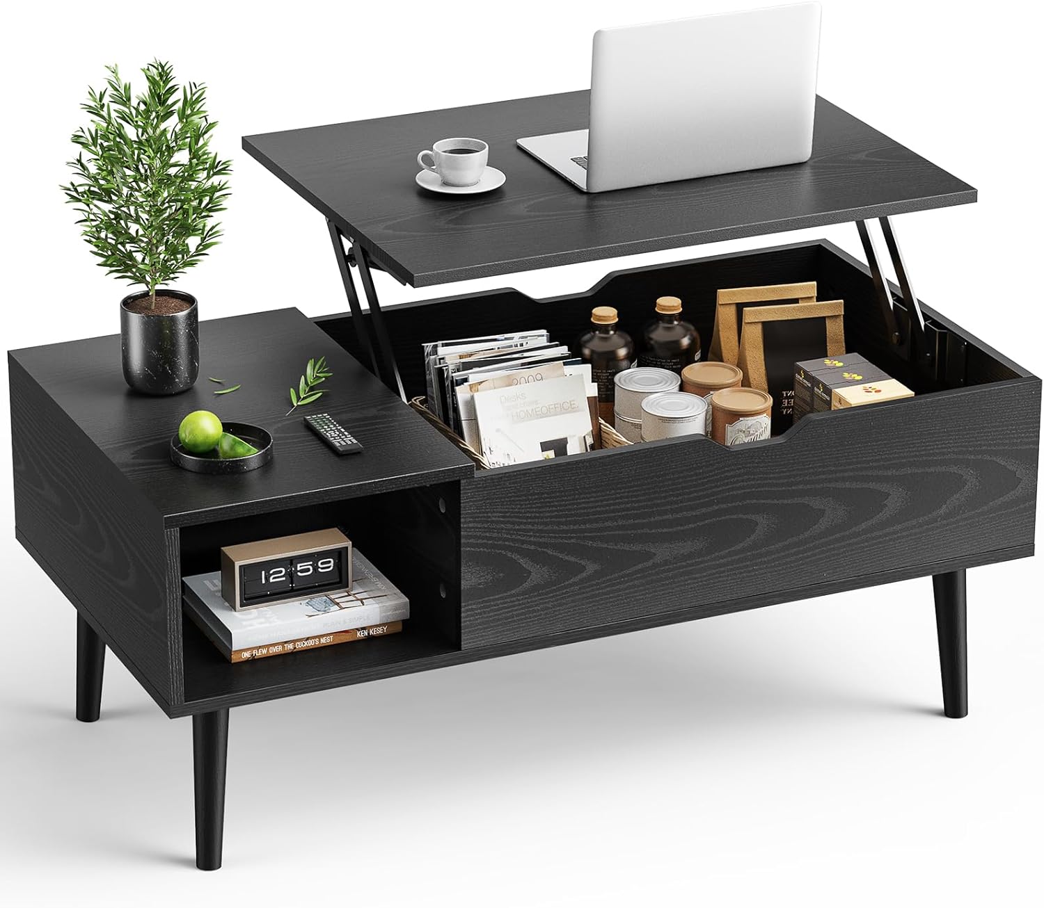 OLIXIS Black Lift Top Coffee Table: Hidden Compartment, Storage Shelf