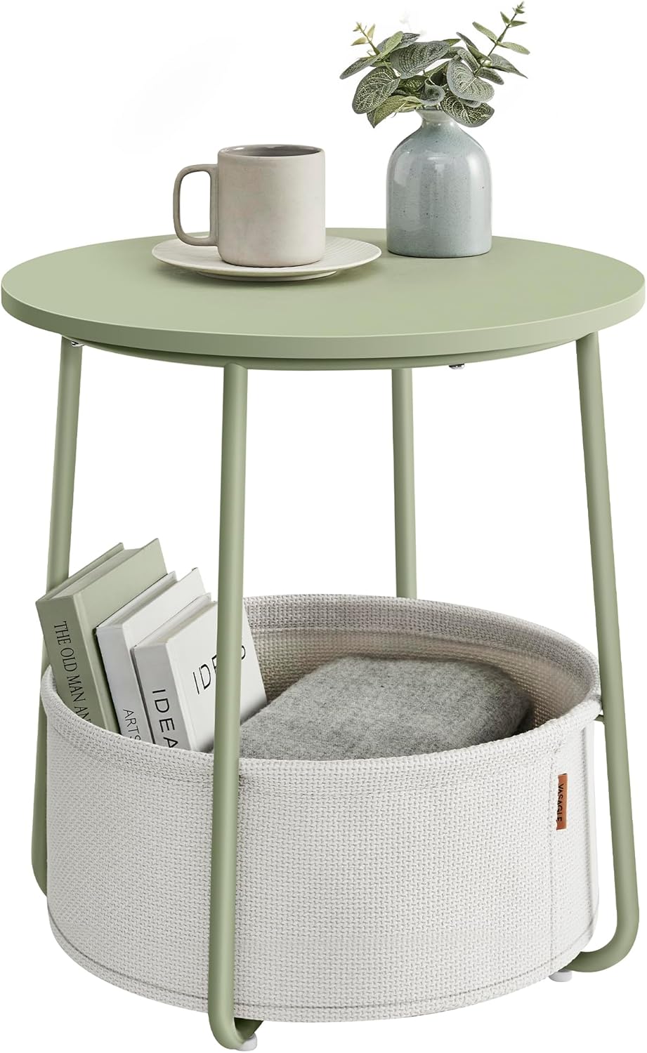 VASAGLE Small Round Side End Table with Fabric Basket for Style