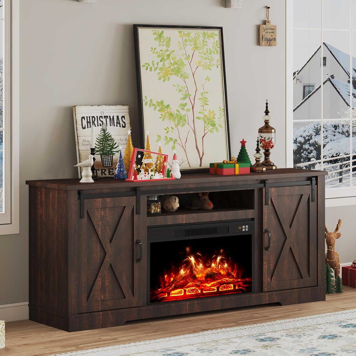 AMERLIFE Fireplace TV Stand with Sliding Barn Door for Cozy Homes