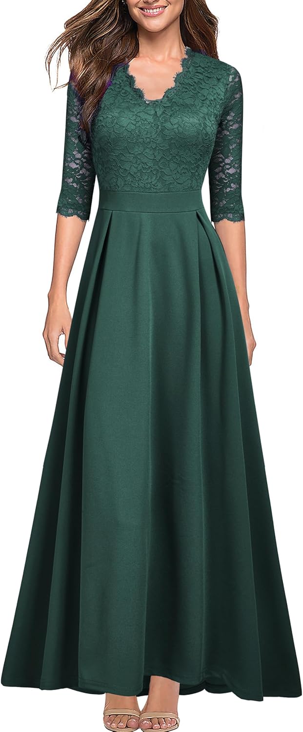 Elegant Women's V Neck Lace Vintage Formal Long Dress for Events