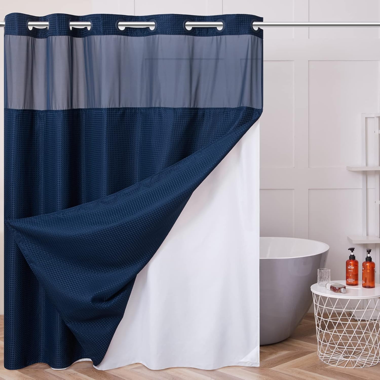 No Hook Waffle Weave Shower Curtain Set with Snap Liner, Navy