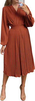 PRETTYGARDEN Women's Spring Midi Dress Puff Sleeve Wrap V Neck - Flowy