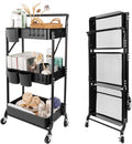 3 Tier Foldable Rolling Cart with Wheels - Space-Saving Organizer