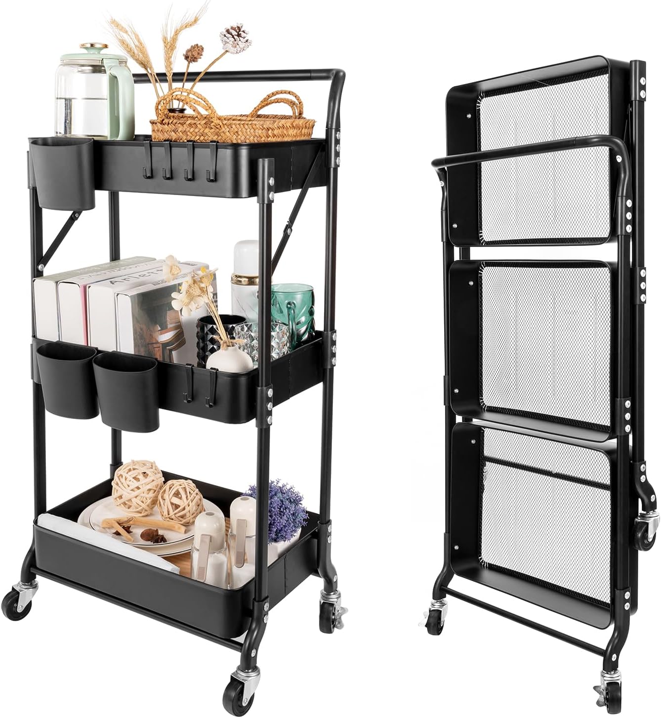 3 Tier Foldable Rolling Cart with Wheels for Versatile Storage