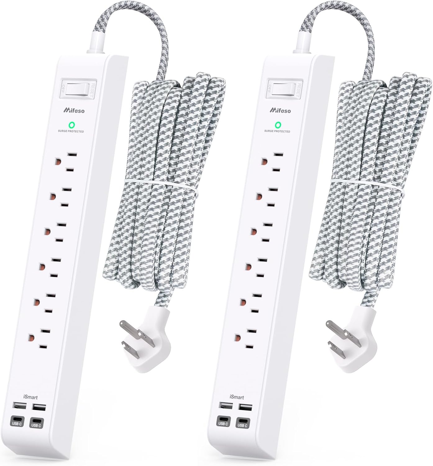 Mifaso 2 Pack Power Strip Surge Protector - 10ft Extension Cord, 6 Outlets 4 USB, Overload Protection