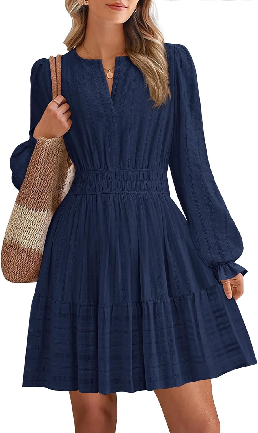 BTFBM Mini Dresses for Women 2025 Casual Long Sleeve V Neck