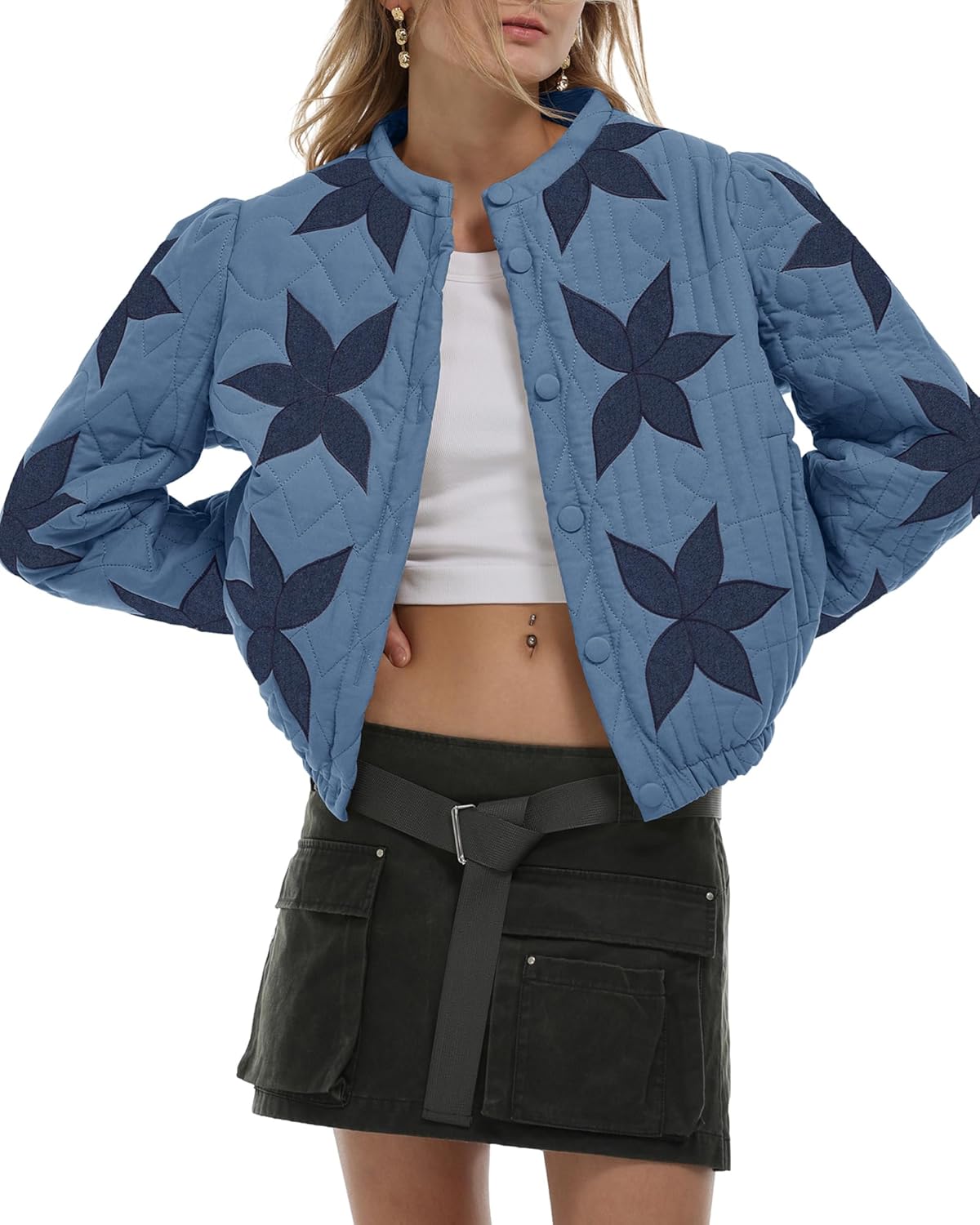 Gacaky Women's Floral Embroidered Cropped Quilted Jacket