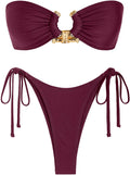Metal Ring Bandeau Bikini Set Tie Side High Cut Swimsuit - Sparkly is