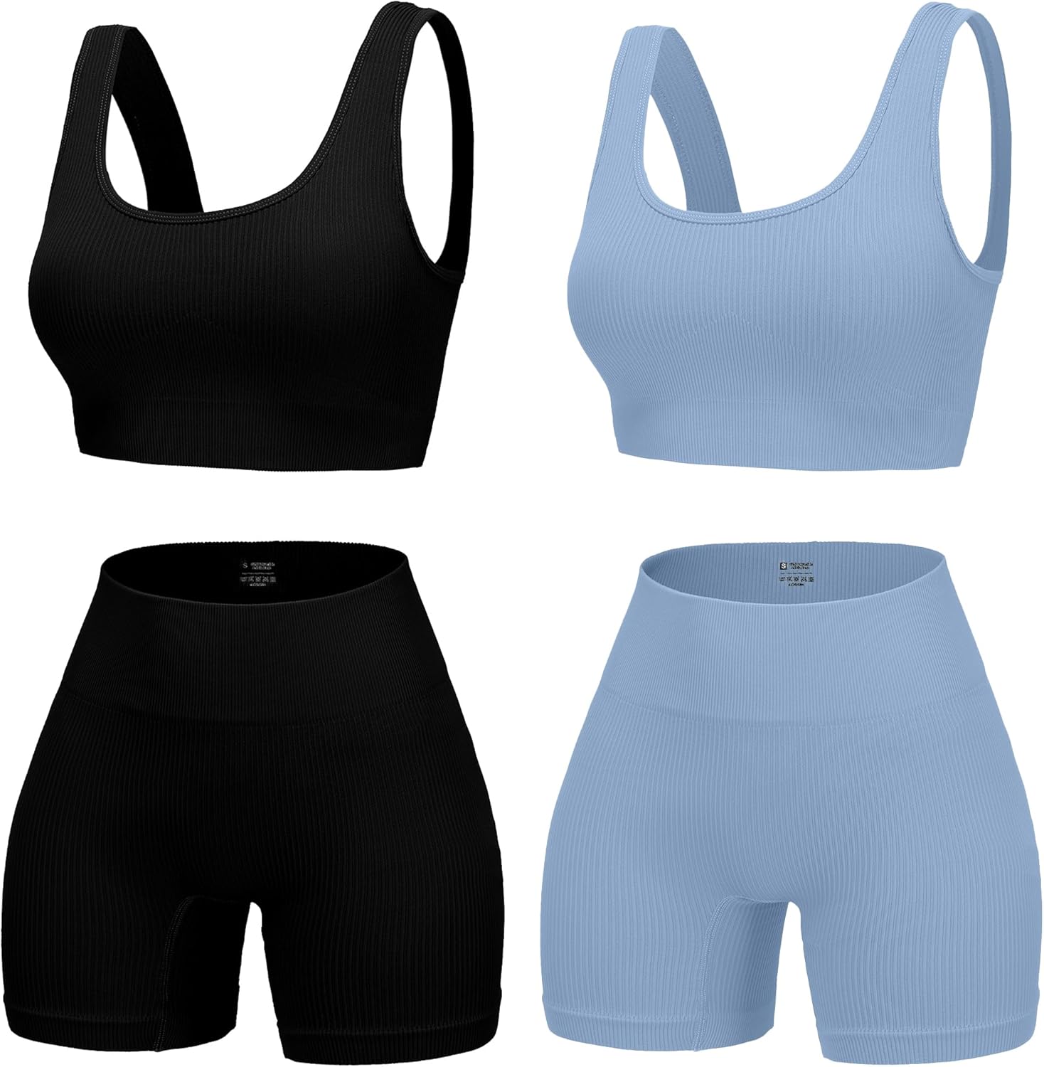 4 Piece Workout Sets for Women Seamless Ribbed High Waist Yoga