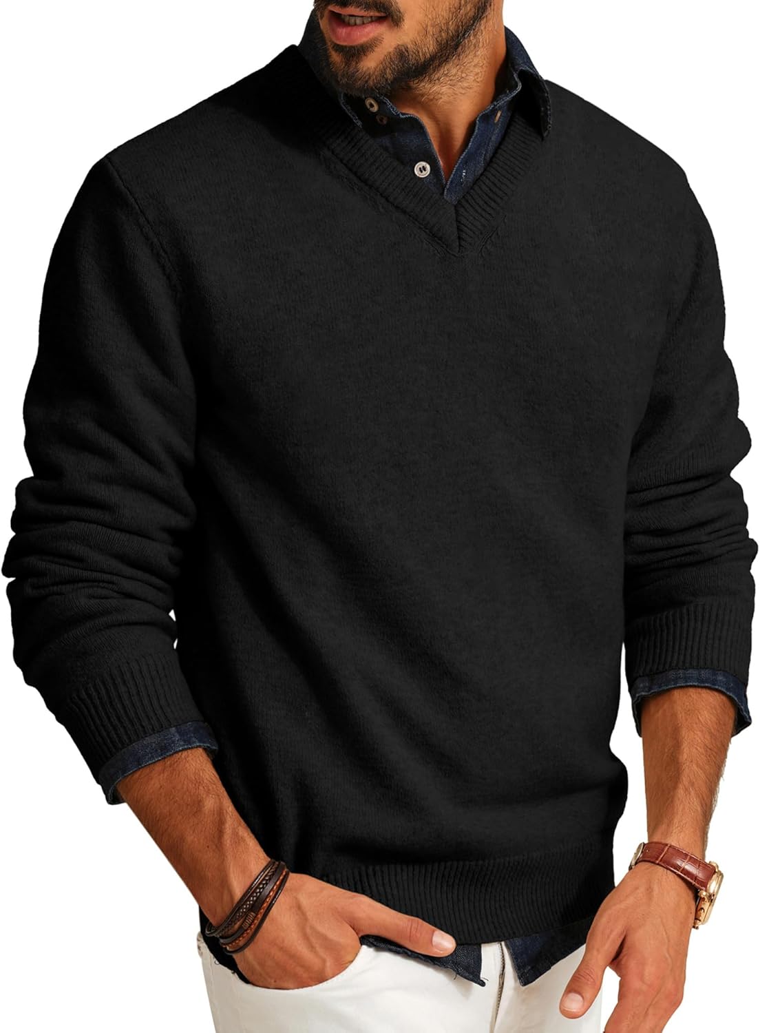 PJ PAUL JONES Mens V Neck Pullover Lightweight Wool Blend Sweater
