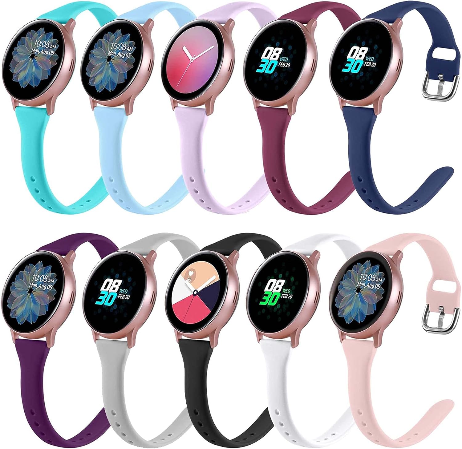 10 Pack Slim Bands for Galaxy Watches - Adjustable Silicone Straps by EnoYoo