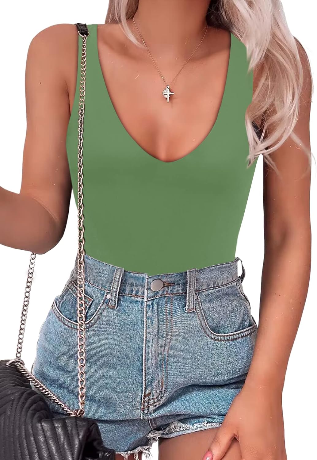 SAUNGKUAI Womens Bodysuit with Plunge Deep V Neck Design