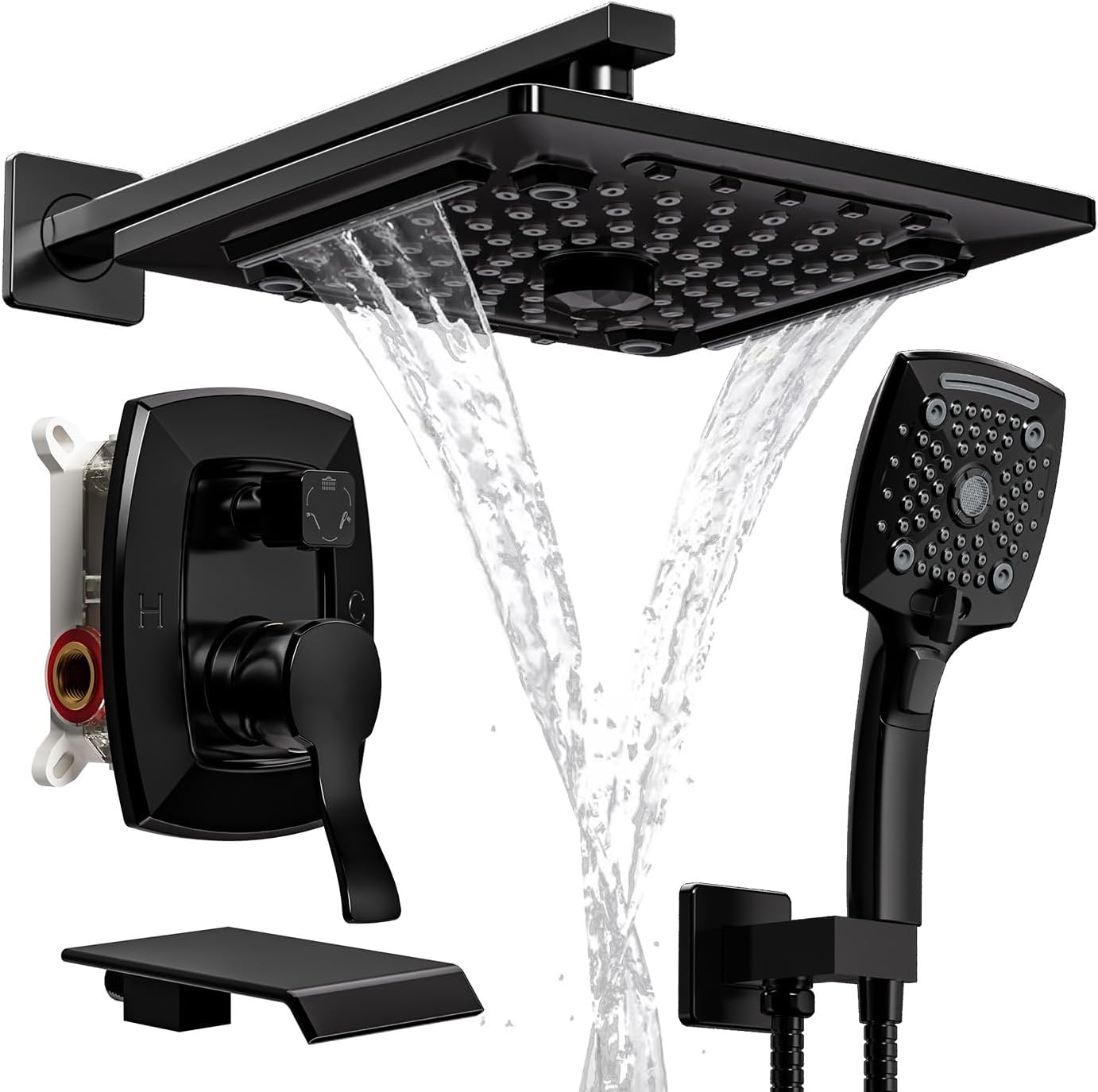 ELLO&ALLO Matte Black Tub Shower Faucet Set with Rainfall Head