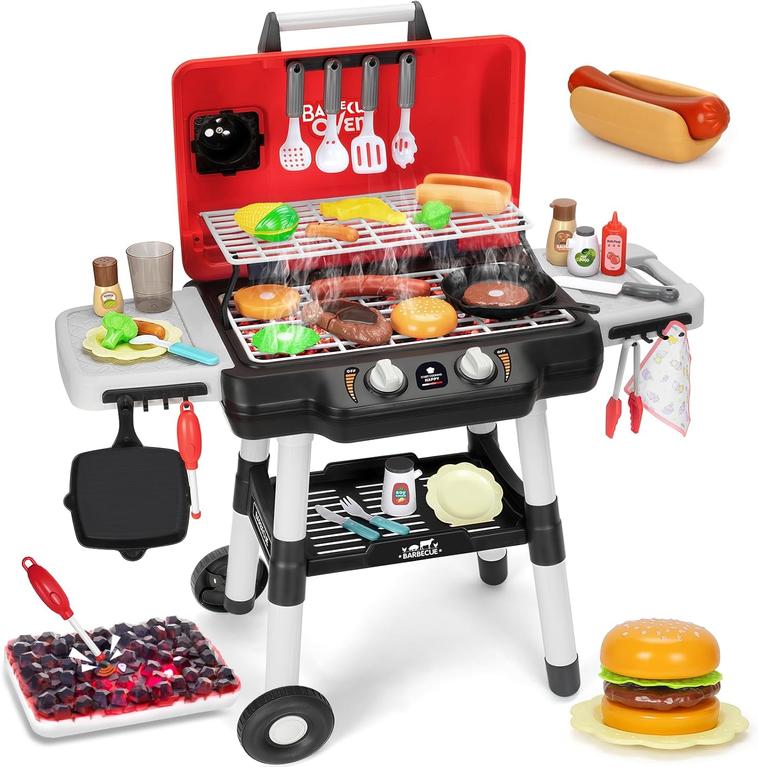 Kids BBQ Grill Playset with Smoke Sound Light for Toddlers