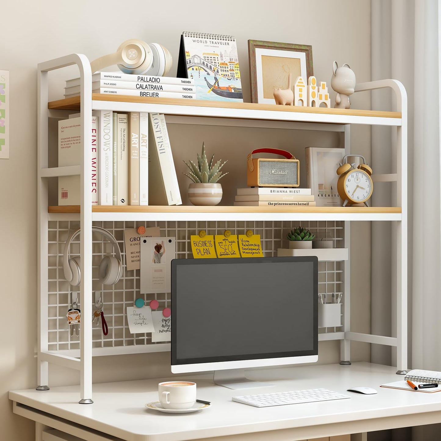 White Metal Desk Hutch - Double Shelf Organizer, 45.3 W