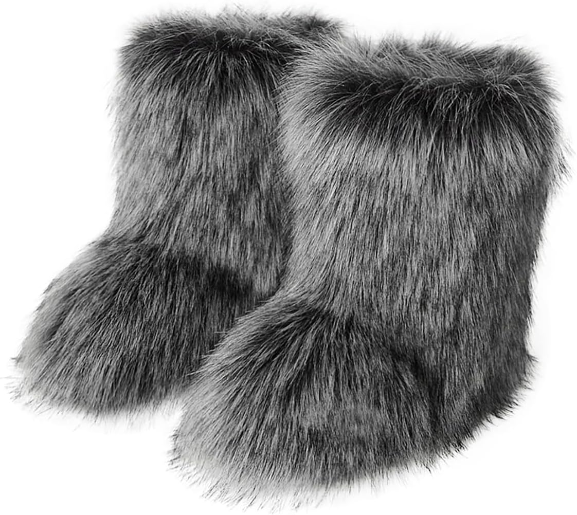 Furry Faux Fur Boots for Women - Warm Snow Mid-Calf Shoes