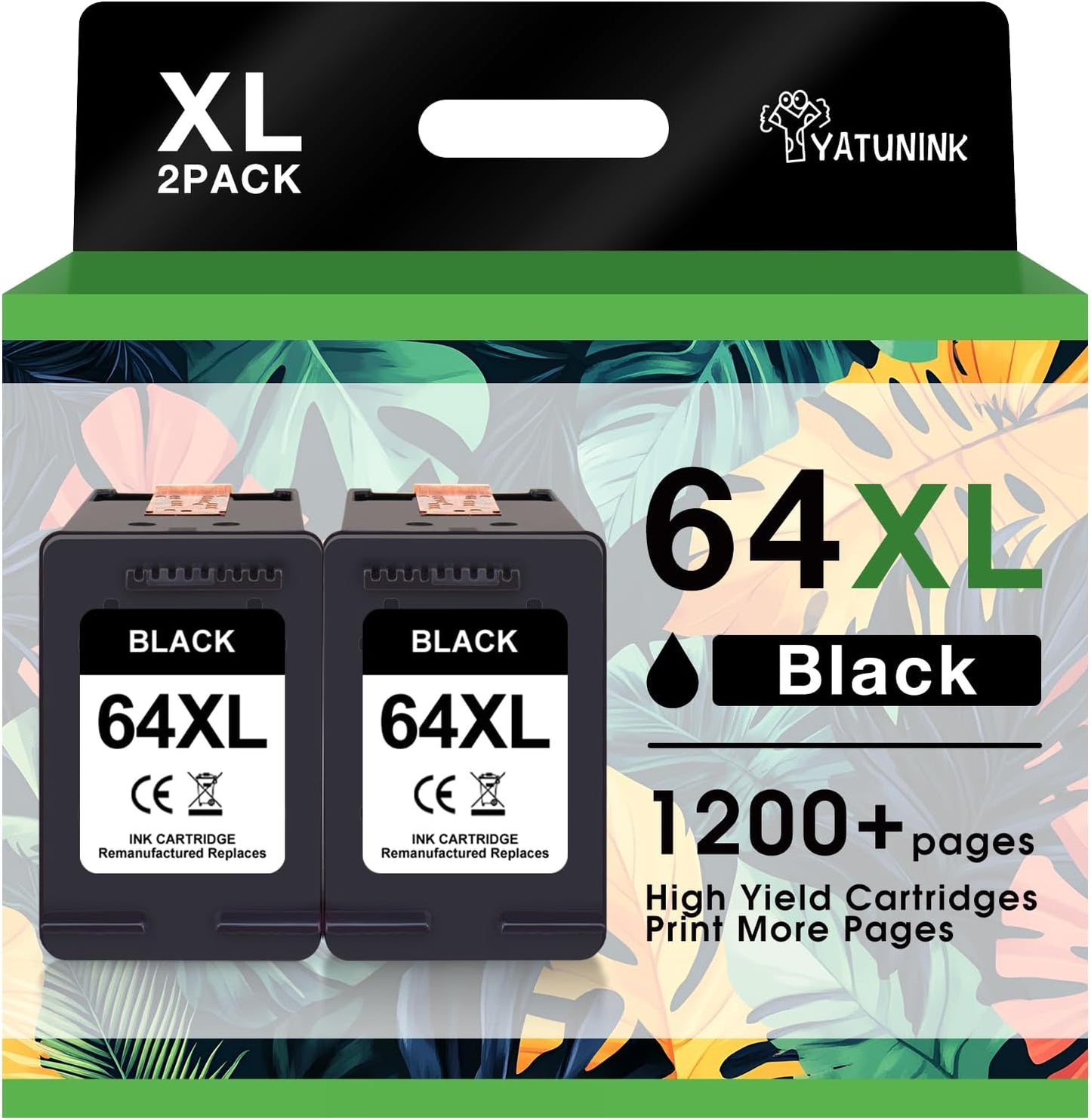 64XL Black Ink Cartridge Compatible for HP Printers - 2 Pack