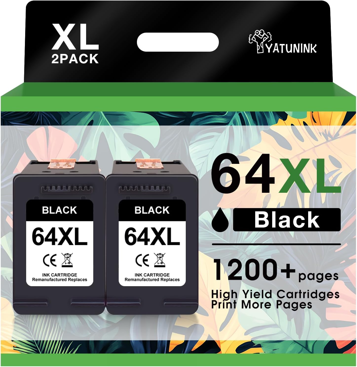 64XL Black Ink Cartridge Compatible for HP Printers - 2 Pack
