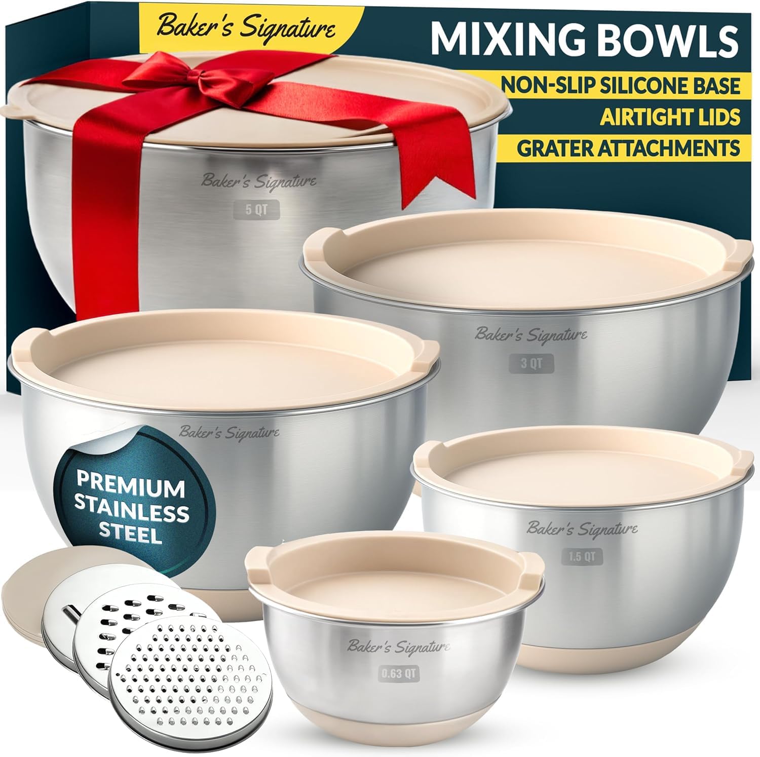 Stainless Steel Mixing Bowls Set with Lids and Graters for Kitchen