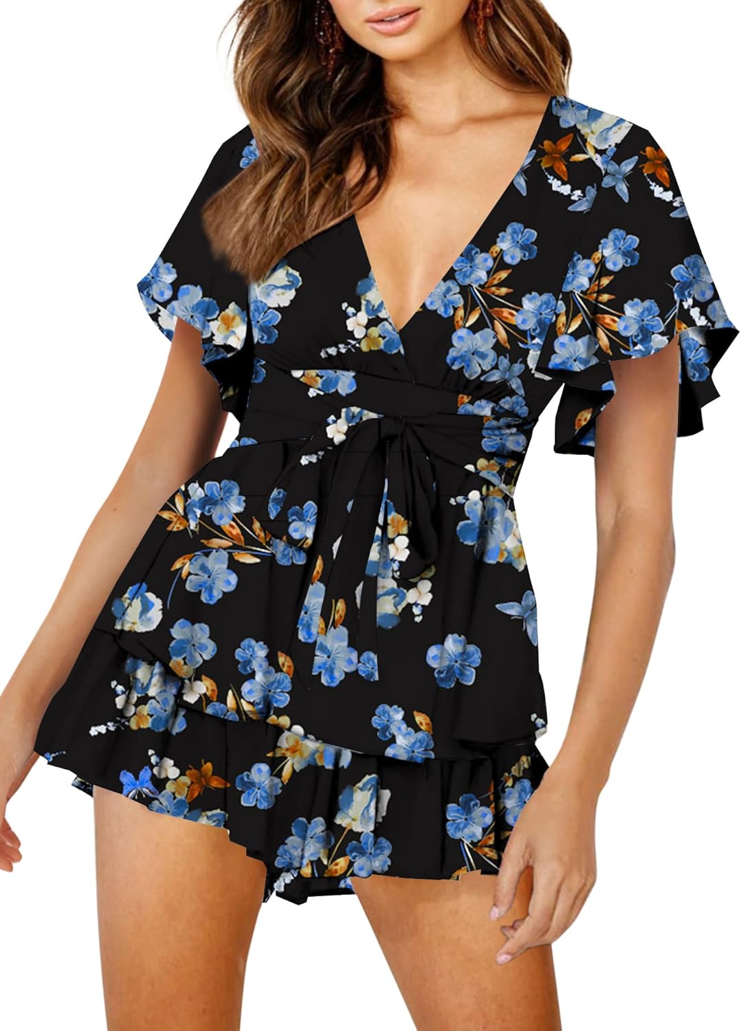 AIMCOO Women's Floral Print Deep V-Neck Romper for Summer