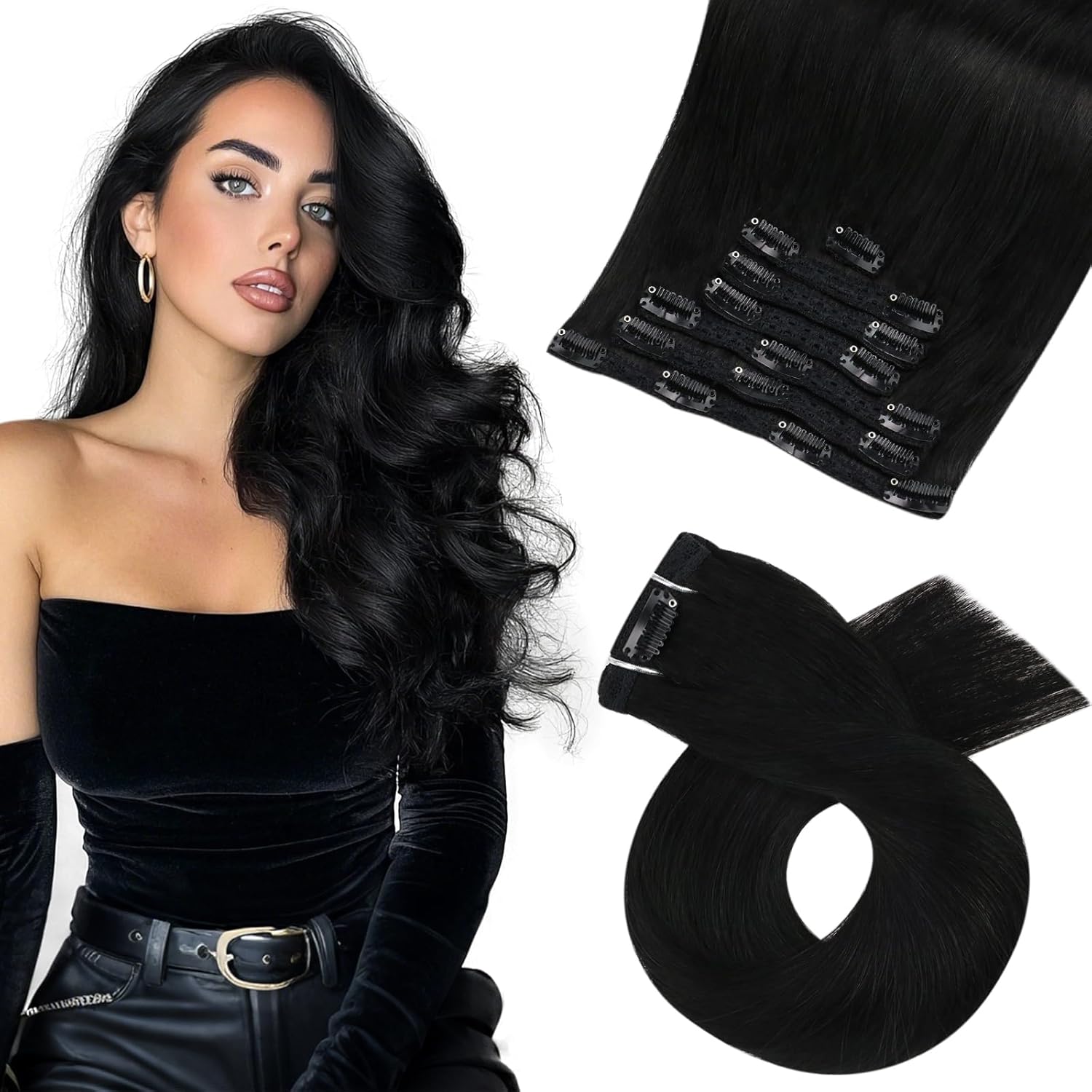 Moresoo Jet Black Clip in Hair Extensions for Instant Volume