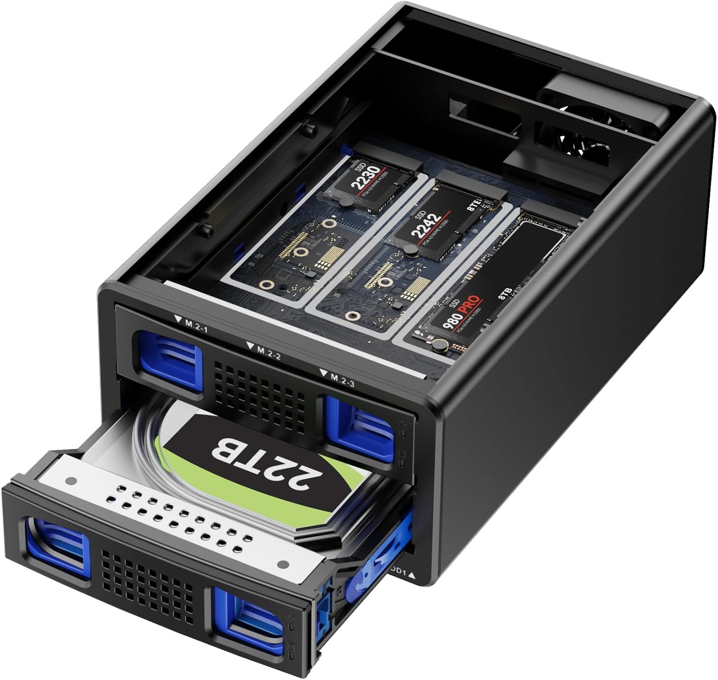 Hybrid SATA HDD/SSD and M.2 NVMe Enclosure with Cooling Fan