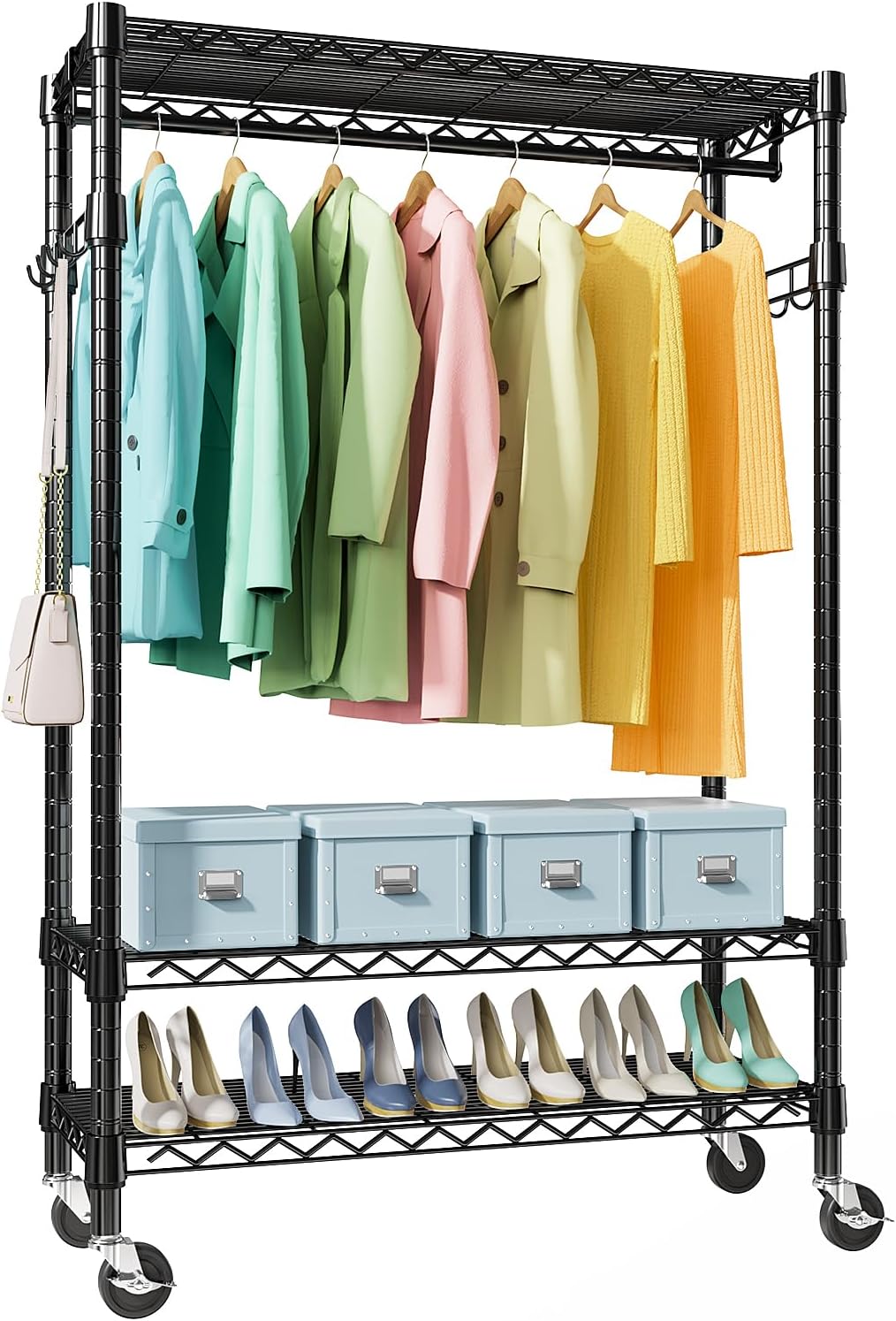 Heavy Duty Rolling Garment Rack with Adjustable Shelves and Hooks