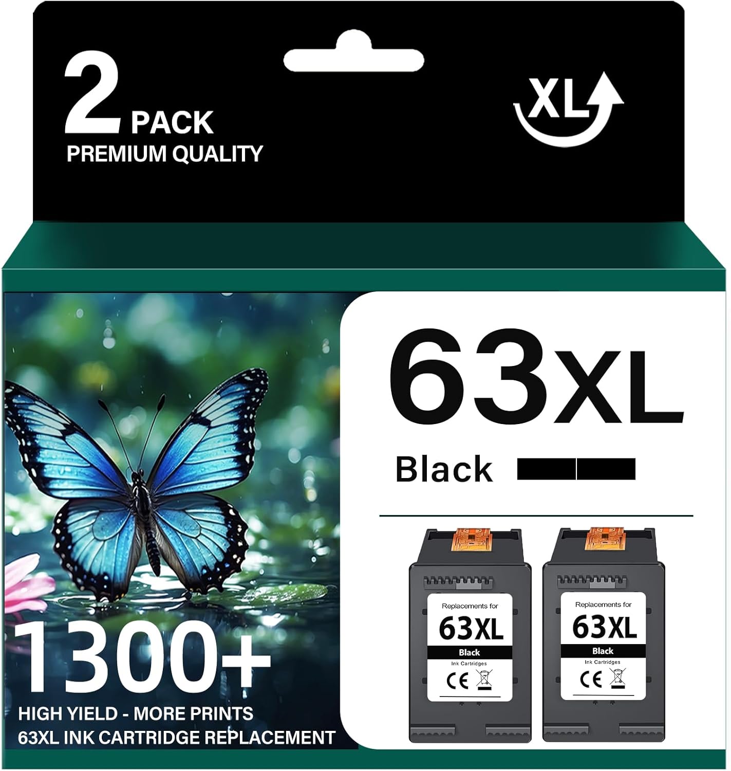 High Yield 63XL Black Ink Cartridges for HP Printers - 2 Pack