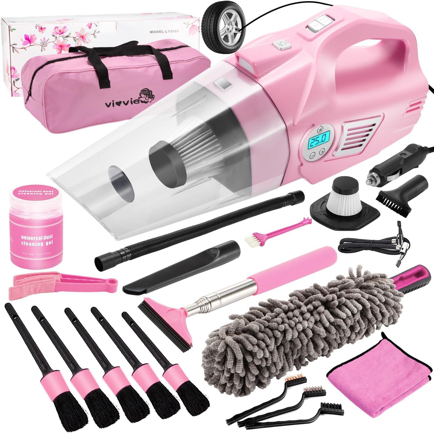 Pink Car Cleaning Kit: 21PCS Interior Detailing Set for Women