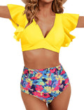Women Ruffle High Waisted Swimsuit Two Piece Tropical Print Material