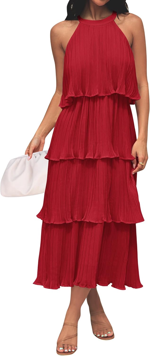 ZESICA Women's Sleeveless Halter Neck Ruffle Midi Dress Review