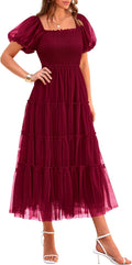 Smocked Midi Tulle Dress - Flowy Tiered Summer Party Dress Formal