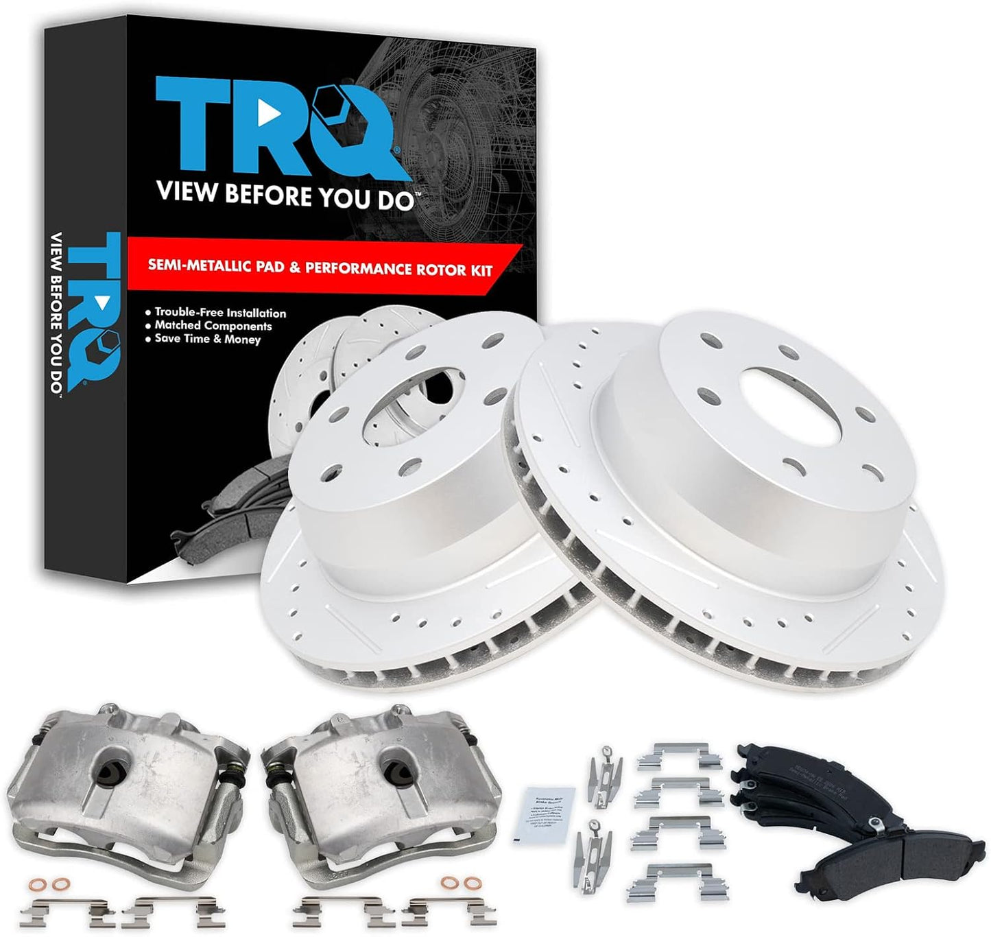 TRQ Rear Brake Calipers with Ceramic Pads and Drilled Rotors