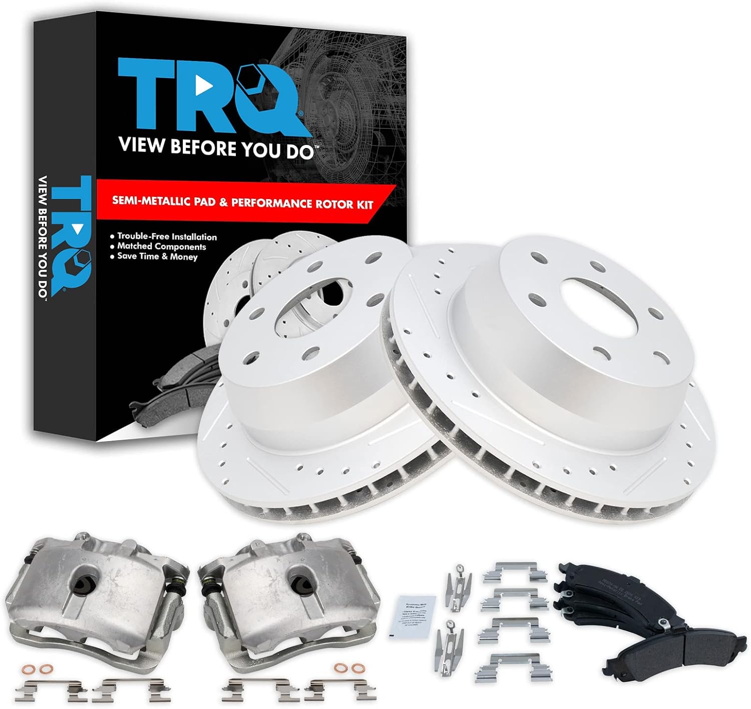 TRQ Rear Brake Calipers with Ceramic Pads and Drilled Rotors