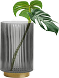 Grey Ribbed Glass Vase 7 in for Flowers & Pillar Candles - Elegant