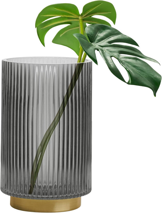 Adele 7 Inch Grey Glass Vase with Gold Trim for Home Decor