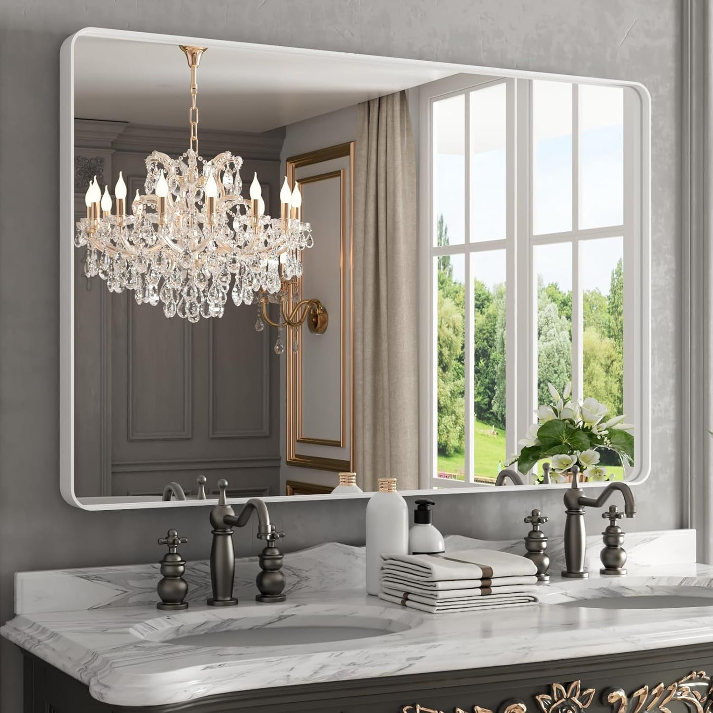 WEER White Bathroom Mirror 48X32 Inch with Rounded Rectangle Frame
