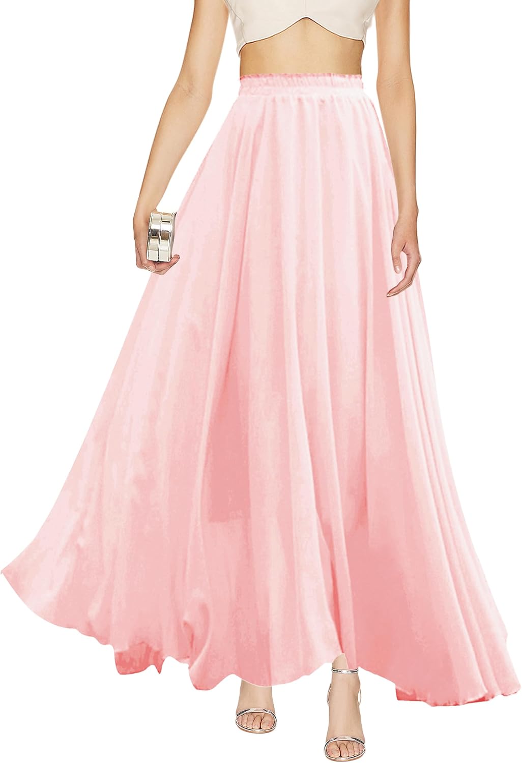 v28 Women Full Length Elastic Pleated Retro Maxi Chiffon Skirt