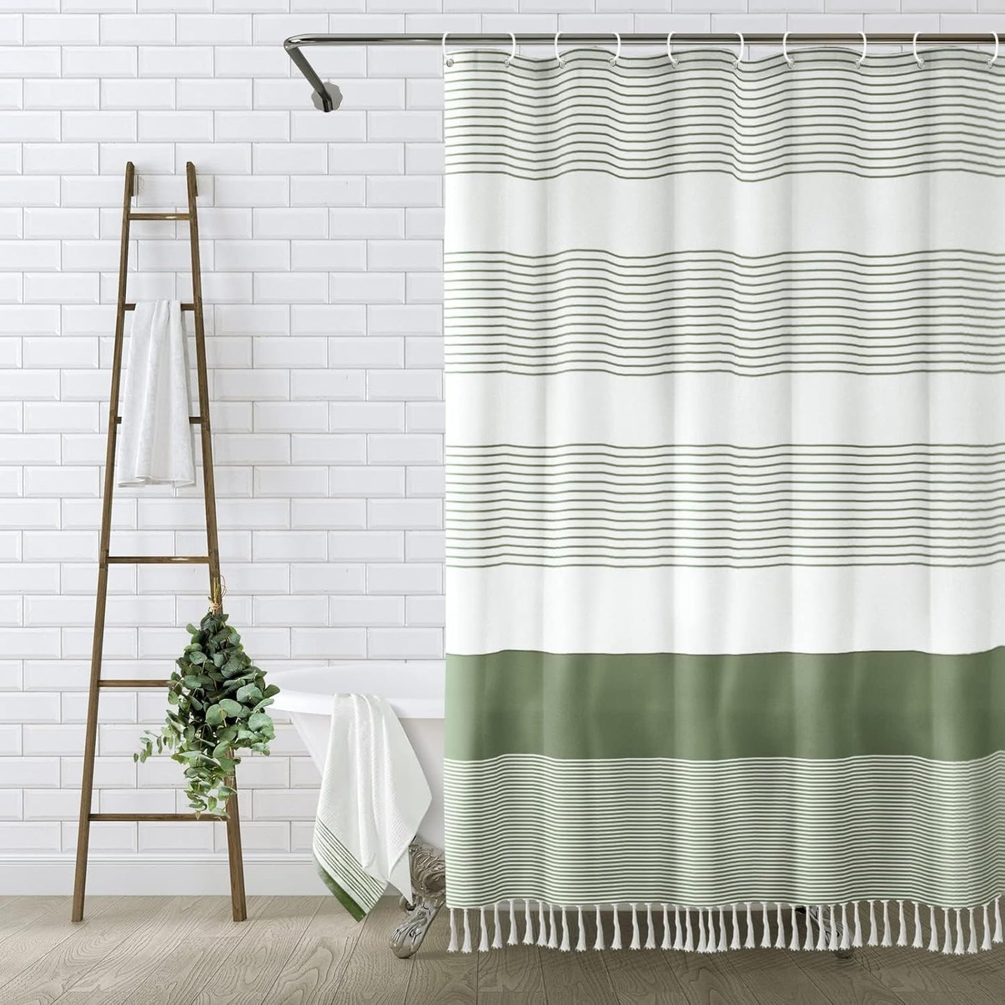 Farmhouse Linen Shower Curtain - Sage Green Stripe Tassel