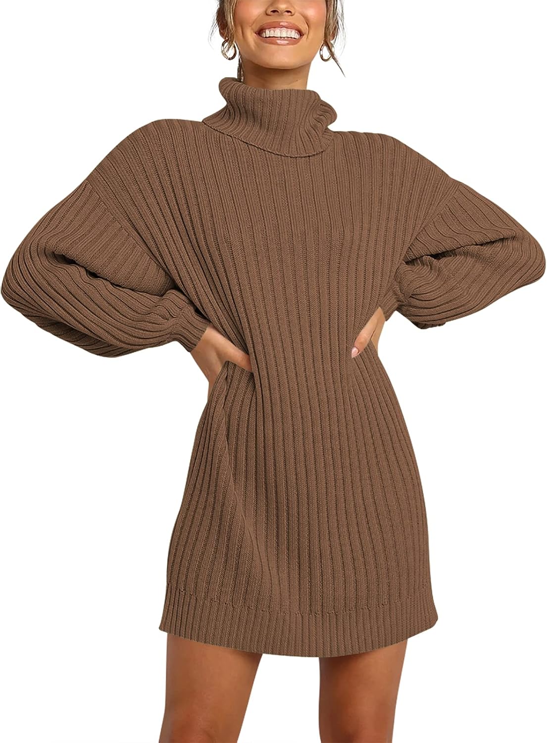 Oversized Sweater Dress for Women - Turtleneck Batwing Style