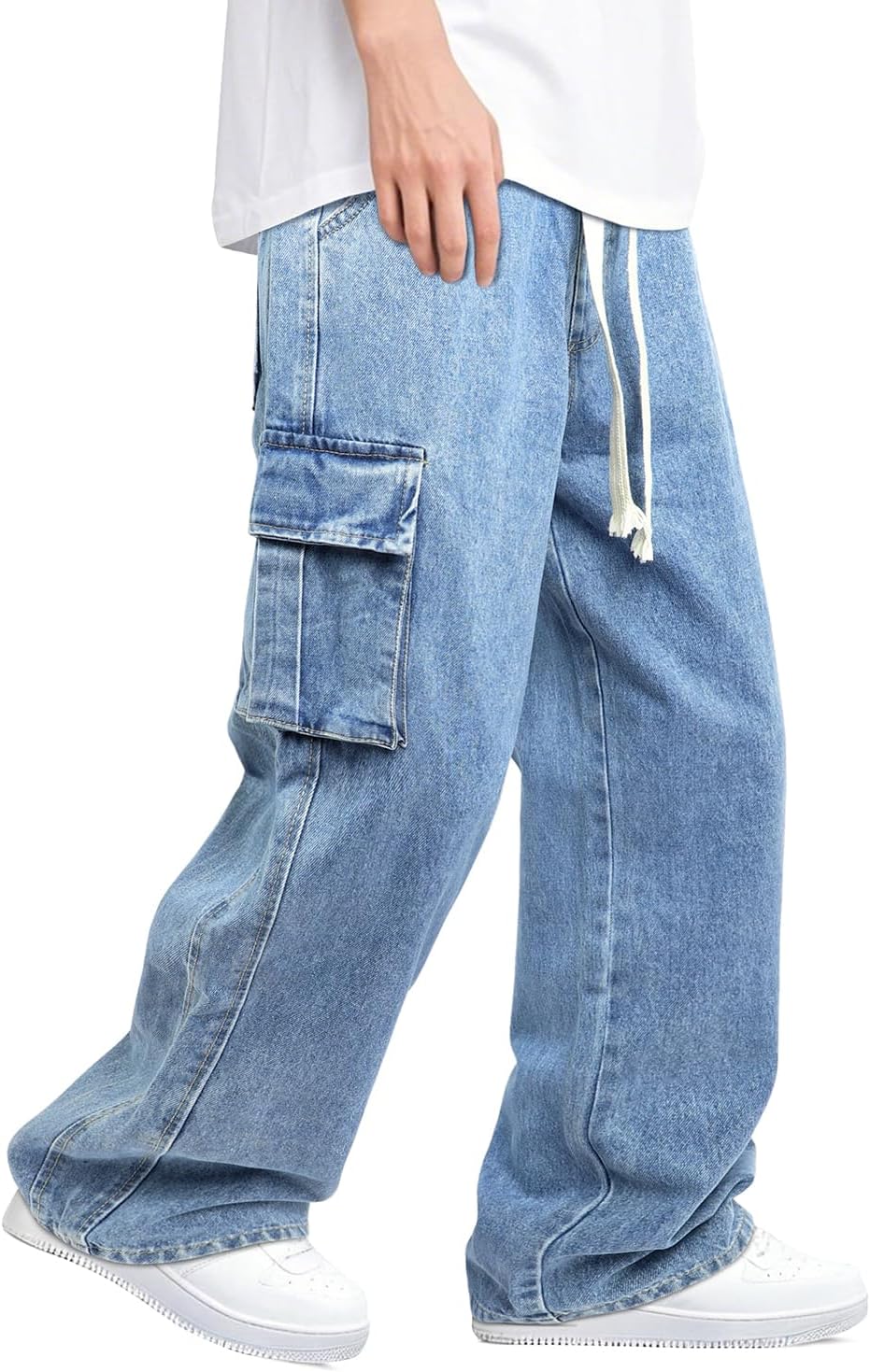 Mens Baggy Jeans with Elastic Waist and Drawstring for Comfort