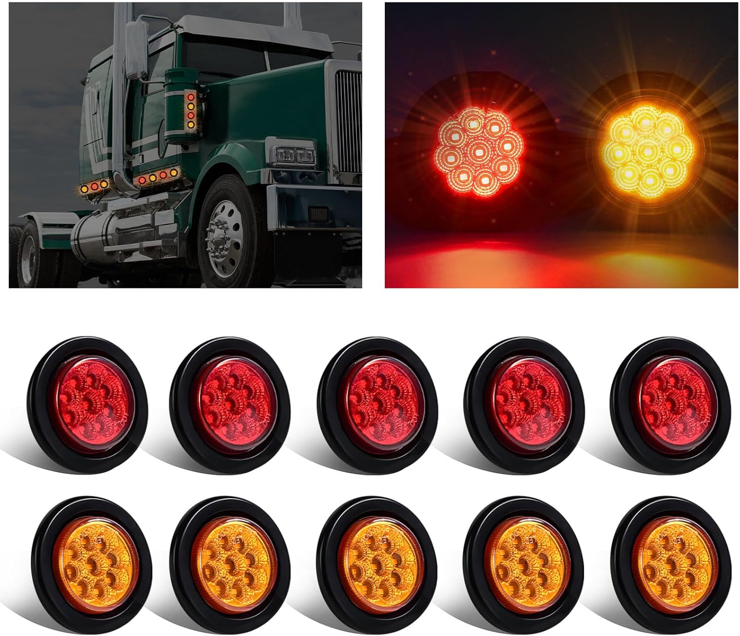 10Pack 2in 9 LED Round Trailer Side Marker Lights for Safety