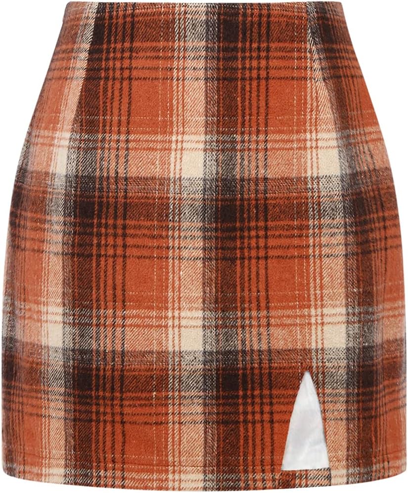 Plaid Mini Skirts for Womens High Waisted with Slit Design
