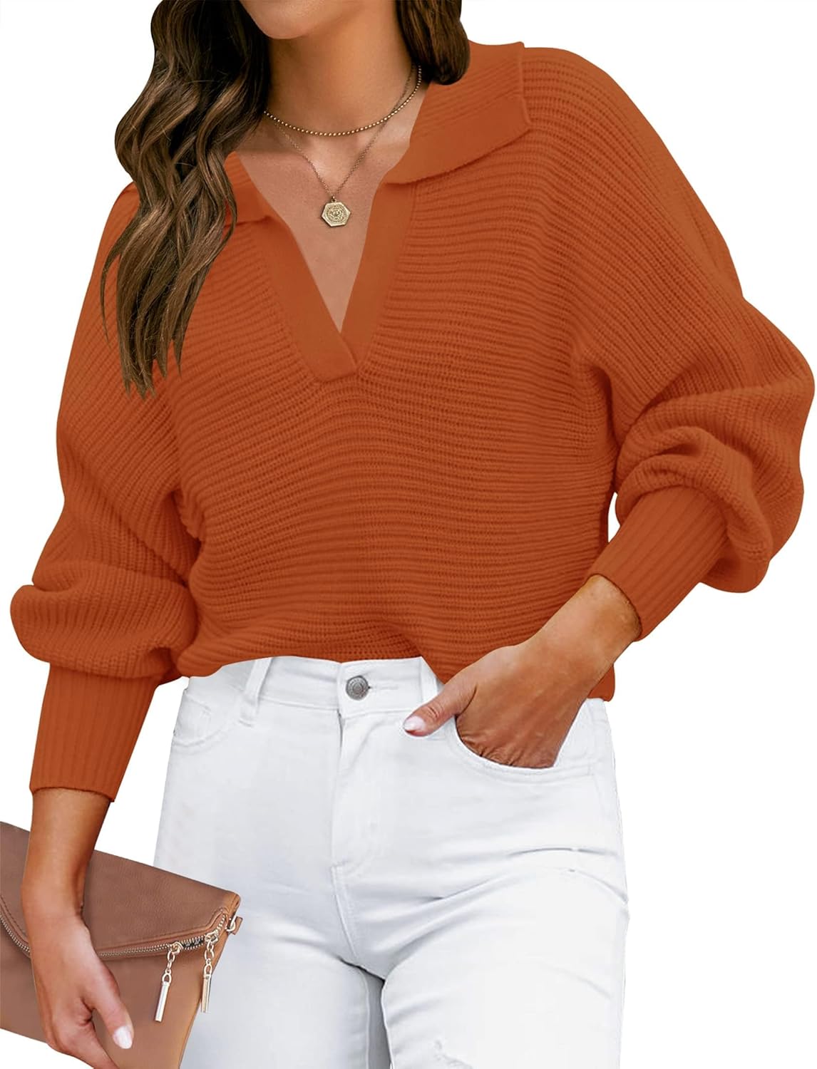 ZESICA Women's Fall V Neck Long Sleeve Ribbed Knit Sweater