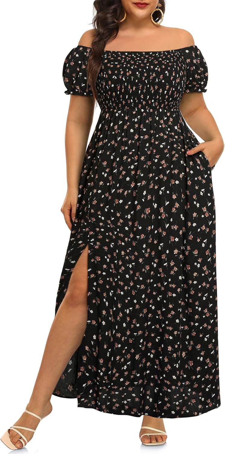 Plus Size Summer Dresses - Boho Casual Off Shoulder Floral Maxi