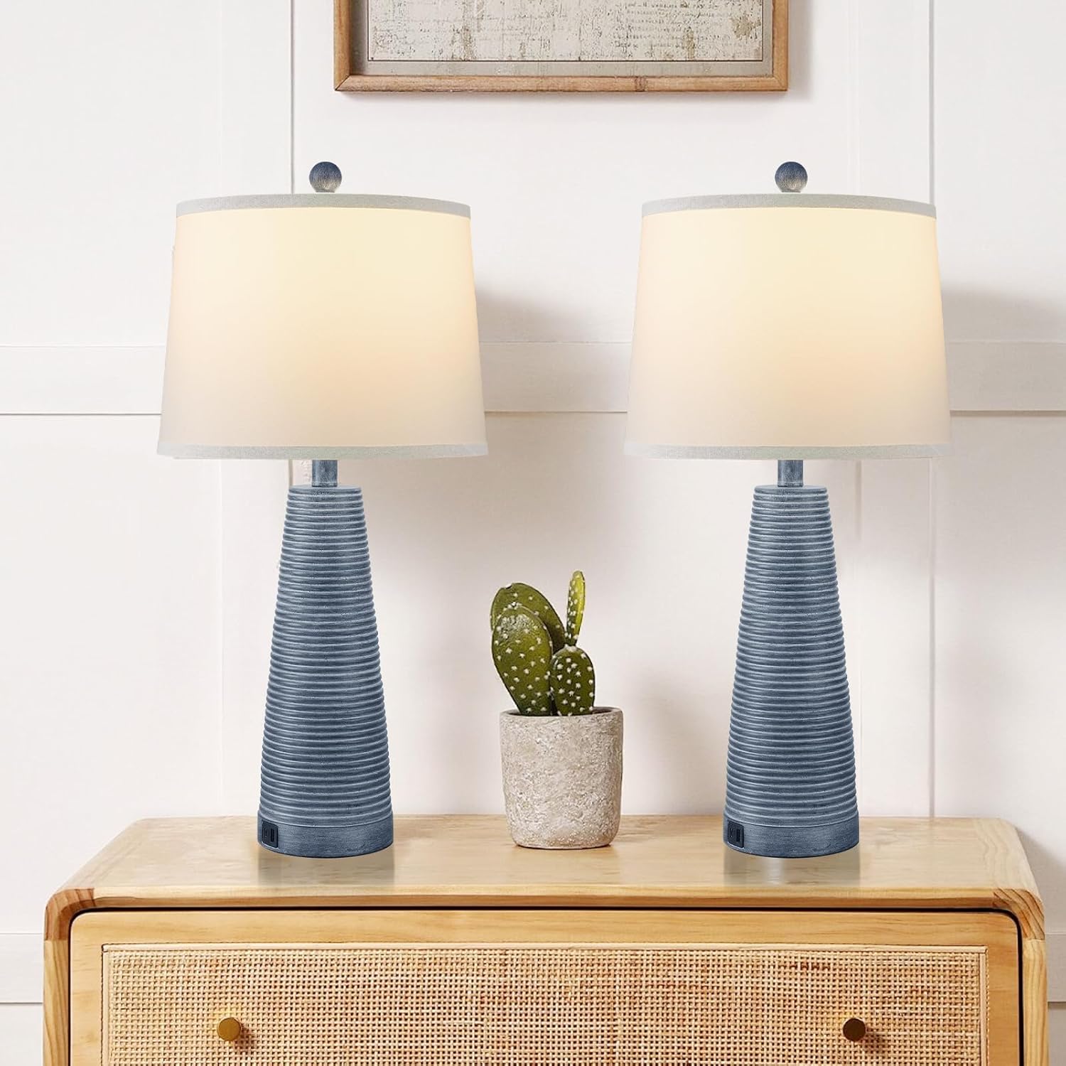 Rustic Farmhouse Table Lamp Set of 2 with USB Charging Ports